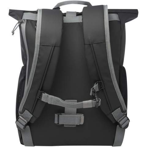 Water-resistant roll-top bike bag made from GRS certified recycled materials. It features a padded 15" laptop compartment, multiple organisational pockets, adjustable hook & loop closure for easy fitting onto a variety of bikes, and reflective piping for visibility. The GRS recycled materials include the main fabric, lining, webbing, and zips. Capacity: 20 litres. PVC free.