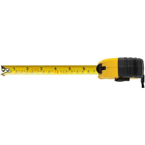 3-metre steel and iron measuring tape including an iron belt clip and a polyester wrist strap. Shows centimetres and inches. The case is made of 21% RCS certified recycled plastic and 4% recycled TPE. The Recycled Claim Standard (RCS) verifies the recycled content of a product throughout the entire supply chain. Packed in a STAC gift box from sustainable sources.