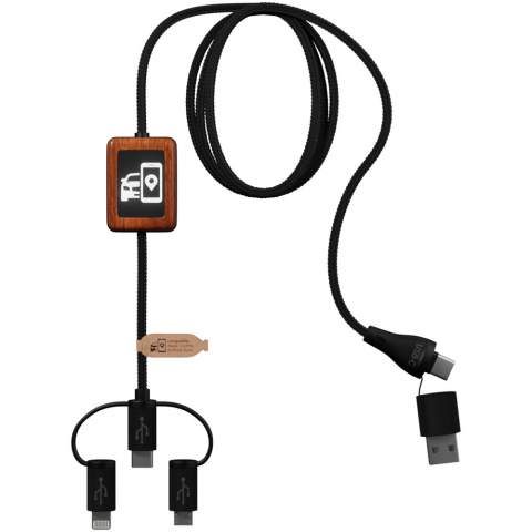Rubberen oplaadkabel met bamboe afwerking, gegevensoverdracht en dubbel oplichtend logo. De kabel is gemaakt van duurzame materialen: gerecycled ABS plastic en rPET van gerecyclede flessen. Hij kan worden gebruikt met Apple CarPlay en Android Auto voor auto-apps. Dankzij de dubbele USB-A- en USB-C-uitgang is de kabel 100% compatibel met de nieuwste computers op de markt (USB-C). De kabel kan worden voorzien van twee oplichtende logo's (één aan elke kant). Kabellengte: 1 meter. Geleverd in een TPU-zakje (17,5 x 5,5 cm) en een papieren kaart. Inclusief 3 jaar garantie. 