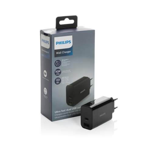 Philips super fast 30W wall adapter with power delivery. The charger comes with one USB 2A output port and one type C output that support power delivery fast charging. This will allow you to charge your mobile device in under one hour if it supports PD charging. Input 100-240V; Type-C output (PD): 5V/3A,9V/2A,12V/1.5A; USB output: 5V/2.4A (max12W) Total Power: 30W. Packed in Philips giftbox.