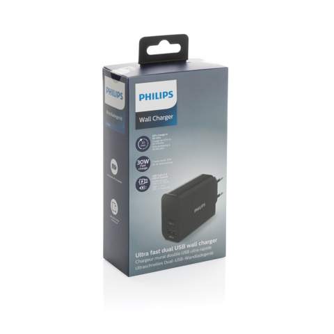 Connectique: 1 prise USB-A, et 1 prise USB-C avec Power Delivery ulta rapide (selon le compatibilité du modèle du portable). Puissance d'entrée 100-240V; Sortie USB Type-C (PD): 5V/3A,9V/2A,12V/1.5A; Sortie USB A  5V/2.4A (max12W) Puissance Maxi 30W. Emballé dans un coffret cadeau Philips.