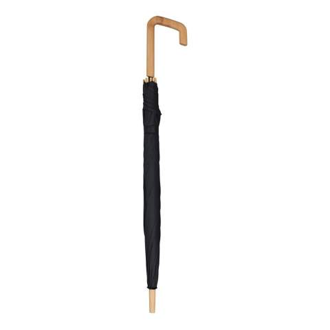 Parapluie bâton en R-PET avec une poignée en crochet en bois au design emblématique. Grâce au cadre en fibre de verre, le parapluie est résistant aux tempêtes. Les embouts sont en bambou et la tige est en métal pour un meilleur recyclage et le matériau chiné donne au parapluie un aspect luxueux (le noir est de couleur unie).