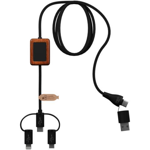 Rubber with bamboo finish charging cable with data transfer and double light-up logo. The cable is made from sustainable materials: recycled ABS plastic and rPET from recycled bottles. It can be used with Apple CarPlay and Android Auto for car apps. Thanks to its dual USB-A and USB-C output, the cable is 100% compatible with the latest computers on the market (USB-C). The cable can be customised with two light-up logos (one on each side). Cable length: 1 metre. Delivered in a biodegradable TPU pouch (17.5 x 5.5 cm) with a paper card. Includes 3 year warranty. 
