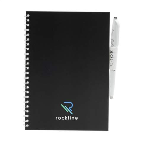 Carnet de notes effaçable A5 en papier de pierre de la marque MOYU. Avec une couverture souple et pliable de 400 g/m². Ce carnet comprend un stylo et un chiffon de nettoyage. Chaque page en papier de pierre est fabriquée naturellement sans bois et est aussi 100% recyclable. Ce carnet, avec une boucle élastique pour stylo et une reliure robuste à spirales comprend 18 pages du papier ligné. Prenez des notes avec le stylo MOYU spécial qui l'accompagne. Ce stylo contient l'encre Frixion d'origine. Cette encre spéciale sèche complètement sur le papier de pierre et s'efface facilement sans laisser de traces. Humidifiez légèrement le chiffon MOYU fourni avec un peu d'eau et effacez l'encre. De cette façon, les pages restent vides pour les nouvelles idées et les listes de tâches. Vous pouvez écrire 500 fois en moyenne sur du papier de roche. Ce carnet vous servira pendant des années.       Le papier de pierre est composé à 80% de calcaire et à 20% de plastique propre. Il est fabriqué naturellement sans bois et sa fabrication ne nécessite ni eau ni produits chimiques. La production de papier de pierre est donc plus économique et génère 67% de CO2 en moins que la production de pâte à papier. De plus, le papier de pierre peut être recyclé à l'infini, sans avoir à ajouter de nouvelles matières premières.
