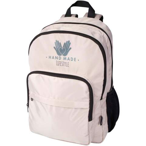 The Trend Plus backpack is crafted with GRS certified recycled soft and wrinkle-resistant fabric and quality RPET lining. The backpack features a 15” laptop compartment, an organisational compartment, zipped front pockets, side elastic mesh pockets, and air mesh backside with a trolley webbing strap. Adjustable shoulder straps for optimal wearing comfort. Volume capacity: 20 litres. Resistance up to 10 kg weight. PVC free. 