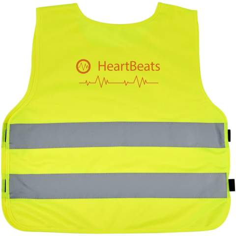 High visibility vest in XXS size suitable for kids age 3-6 years with a height between 70-104 cm. Large decoration area on the front and on the back of the vest. On the shoulder and the bottom elastic bands there are hook & loop closures, that offers extra safety and makes the vest easy to put on. The elastic bands on the other side makes it stretchable allowing easy wearing on thick coats. The vest is tested and certified under regularions EN 1150:1999. It also adheres to the PPE guidelines on application of Regulation (EU) 2016/425 Personal Protective Equipment Category II.