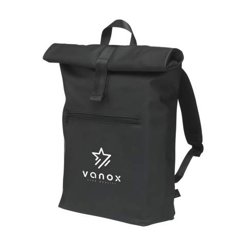 WoW! Praktische, stevige en royale ‘roll-top’ laptoprugzak met extra ritsvak aan de voorzijde. Deze rugzak heeft aan de bovenzijde niet alleen een handige rolsluiting met klittenband maar ook een ritssluiting. Deze rugzak is gemaakt van waterafstotend PU, 5% gerecycled PU en 42% gerecycled polyester. De rugzak heeft een keurig afgewerkte voering van gerecycled PET en is van alle gemakken voorzien. Het royale binnenvak heeft een speciaal laptopcompartiment  voor het veilig vervoeren van een laptop (tot 15.6 inch) of tablet. Verder vind je aan de binnenzijde verschillende  insteekvakken voor het georganiseerd opbergen van een mobiel, schrijfwaren of andere accessoires. Door gebruik te maken van de elastieke band aan de binnenzijde blijft een drinkfles rechtop op zijn plek staan. Met handige draaglus. Voor extra draagcomfort zijn de rugzijde en verstelbare schouderbanden voorzien van zacht foam. Deze rugzak is perfect voor dagelijks gebruik en neem je gemakkelijk mee naar school of naar je werk. RCS-gecertificeerd. Totaal gerecycled materiaal: 47%. Inhoud ca. 19 liter.