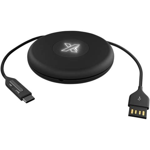 3-in-1 recycled PET light-up logo charging and data transfer cable with reel fitted with three connectors (Type C, Android, iPhone). Compatible with Apple CarPlay and Android Auto. Comes with a silicone storage pouch making it the perfect on-the-go accessory. Packaging is made of recycled paper and recycled plastic.