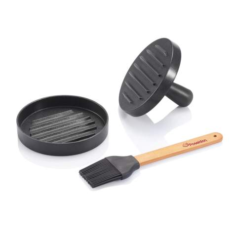 Hamburger set with hamburger press and BBQ brush. Allows you to make and prepare perfect hamburgers.