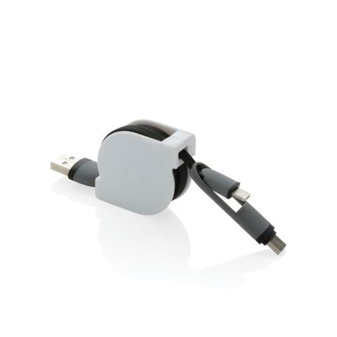 Compacte en oprolbare 3-in-1 oplaadkabel met type C en dubbelzijdige connector voor iOS- en Android-apparaten die micro-USB vereisen. Dankzij het rolmechanisme kan de 100 cm lange platte kabel gemakkelijk worden meegenomen zonder dat deze in de knoop raakt. ABS behuizing met TPU-kabel. Ook geschikt voor synchroniseren.