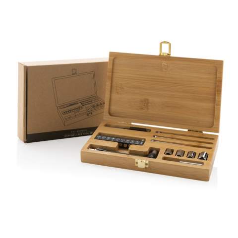 Set d'outils de 21 pièces dans un étui luxueux en bambou FSC® 100%. Le set contient 3 tournevis, 10 embouts dans un support, 4 douilles, 1 manche, 1 connecteur, 1 petit cutter. Emballé dans un emballage kraft FSC® mix.