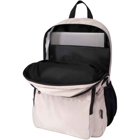 The Trend Plus backpack is crafted with GRS certified recycled soft and wrinkle-resistant fabric and quality RPET lining. The backpack features a 15” laptop compartment, an organisational compartment, zipped front pockets, side elastic mesh pockets, and air mesh backside with a trolley webbing strap. Adjustable shoulder straps for optimal wearing comfort. Volume capacity: 20 litres. Resistance up to 10 kg weight. PVC free. 