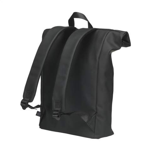 WoW! Praktische, stevige en royale ‘roll-top’ laptoprugzak met extra ritsvak aan de voorzijde. Deze rugzak heeft aan de bovenzijde niet alleen een handige rolsluiting met klittenband maar ook een ritssluiting. Deze rugzak is gemaakt van waterafstotend PU, 5% gerecycled PU en 42% gerecycled polyester. De rugzak heeft een keurig afgewerkte voering van gerecycled PET en is van alle gemakken voorzien. Het royale binnenvak heeft een speciaal laptopcompartiment  voor het veilig vervoeren van een laptop (tot 15.6 inch) of tablet. Verder vind je aan de binnenzijde verschillende  insteekvakken voor het georganiseerd opbergen van een mobiel, schrijfwaren of andere accessoires. Door gebruik te maken van de elastieke band aan de binnenzijde blijft een drinkfles rechtop op zijn plek staan. Met handige draaglus. Voor extra draagcomfort zijn de rugzijde en verstelbare schouderbanden voorzien van zacht foam. Deze rugzak is perfect voor dagelijks gebruik en neem je gemakkelijk mee naar school of naar je werk. RCS-gecertificeerd. Totaal gerecycled materiaal: 47%. Inhoud ca. 19 liter.