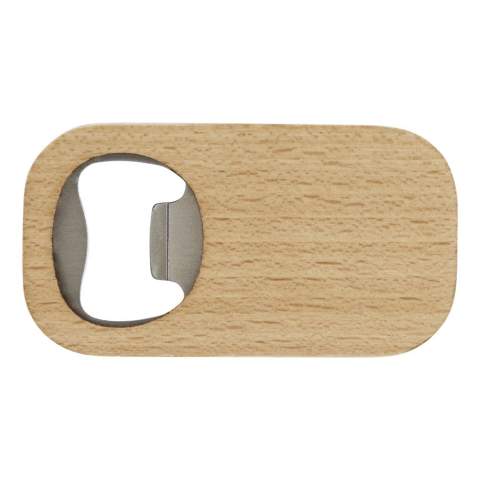 Ouvre-bouteille en acier inoxydable avec surface en bois.