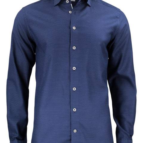 Een dubbele 100's jacquard stof, geweven met witte stippen op marine achtergrond voor een moderne en verfijnde look. Combineer het met het volledige pak of samen met een jeans, hoe dan ook , het zal je goed van pas komen. Onze nieuw ontwikkelde stof is gemaakt met een mechanische stretch voor een beter comfort. De mechanische stretch is een nieuwe innovatieve manier om comfort te geven aan een 100% natuurlijke katoenen stof. Het geeft een natuurlijke elasticiteit aan het hemd met maximaal 12% bewegingsbereikbaarheid, en houdt nog steeds onze geweldige Non-iron prestatie. Dit is innovatieve shirtmakerij op zijn best, en wij doen er graag aan mee!
