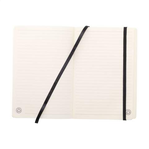 WoW! This A5 notebook with a cover made from recycled leather waste. Used leather is processed into a new usable leather product that can be used for various purposes, such as for this handy notebook. This notebook has approx. 96 sheets/192 pages of cream, lined paper (80 g/m²). With a bound spine and handy closing elastic. This product is an environmentally conscious choice. Each item is supplied in an individual brown cardboard box.