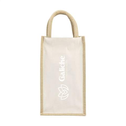 WoW! Sturdy wine bag with handles. This eco-friendly wine gift box is made from jute and organic canvas and can hold two bottles of wine (not included). The bag is divided in to two compartments to prevent any damage to the bottles.