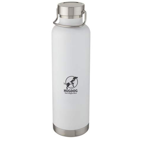 Large double-walled water bottle with 18/8 stainless steel vacuum construction and copper insulation that keeps drinks hot or cold for several hours. The construction also prevents condensation on the outside of the bottle, and the on-trend powder coating makes it extra durable. Stainless steel screw-on leakproof lid with durable stainless steel hand loop. Wide opening for easy filling, pouring and cleaning. BPA-free, tested and approved under German Food Safe Legislation (LFGB). Tested and approved for phthalates content according to REACH regulations. Perfect for ice cubes. Volume capacity is 1 L. Hand wash recommended. Presented in a recycled cardboard gift box.