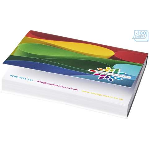 Sticky-Mate® sticky notes with a convenient soft cover made of paper. Includes blank paper sheets of 80g/m2. The soft cover does not only prevent damages to the content, but also offers additional advertising space. Sheet dimension: 100x75mm. Three sizes available: 25 sheets (21099001), 50 sheets (21099002), 100 sheets (21099004).  