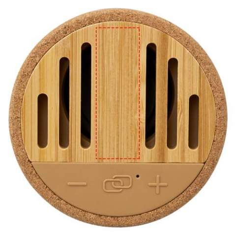 De Cerris 5 W Bluetooth® speaker gemaakt van kurk en bamboe is een akoestische natuurschat! De behuizing en grill van de speaker zijn gemaakt van echt kurk en bamboe. Met een 5 W-uitgang biedt deze compacte speaker een uitstekend geluid en biedt hij zelfs de mogelijkheid om oproepen te beantwoorden terwijl je muziek van een telefoon afspeelt. Dankzij de ingebouwde 900 mAh batterij kun je de speaker op één lading tot 3 uur gebruiken, bij maximaal volume. Oplaadtijd van 0% tot 100% is 2 uur. Bereik van Bluetooth® 5.1 is tot 10 meter. 30 cm Type-C-oplaadkabel is inbegrepen. Geleverd in een premium doos van kraftpapier met een kleurrijke sticker. Omdat kurk en bamboe natuurlijke materialen zijn, kunnen er kleine variaties in kleur en maat per artikel zijn, wat het uiteindelijke drukresultaat kan beïnvloeden.