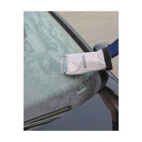 Plastic ice scraper and nylon glove with soft, cosy lining.