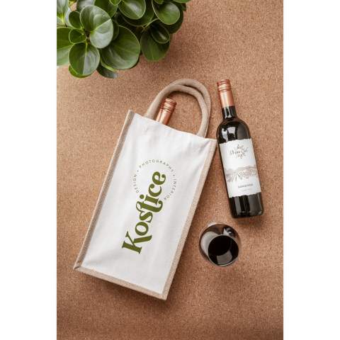 WoW! Sturdy wine bag with handles. This eco-friendly wine gift box is made from jute and organic canvas and can hold two bottles of wine (not included). The bag is divided in to two compartments to prevent any damage to the bottles.