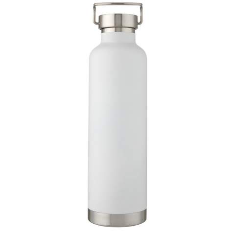 Large double-walled water bottle with 18/8 stainless steel vacuum construction and copper insulation that keeps drinks hot or cold for several hours. The construction also prevents condensation on the outside of the bottle, and the on-trend powder coating makes it extra durable. Stainless steel screw-on leakproof lid with durable stainless steel hand loop. Wide opening for easy filling, pouring and cleaning. BPA-free, tested and approved under German Food Safe Legislation (LFGB). Tested and approved for phthalates content according to REACH regulations. Perfect for ice cubes. Volume capacity is 1 L. Hand wash recommended. Presented in a recycled cardboard gift box.