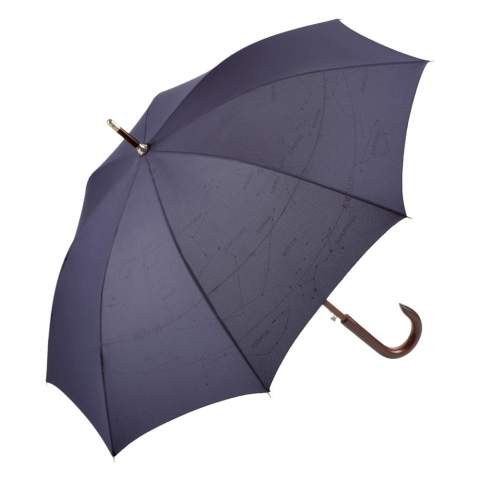 Automatic regular umbrella with attractive motif inside Convenient automatic function for quick opening, wind resistant properties for higher frame flexibility and stability in windy conditions, flexible fibreglass ribs, inside cover with allover constellation design, shaft and shapely crook handle made of genuine wood