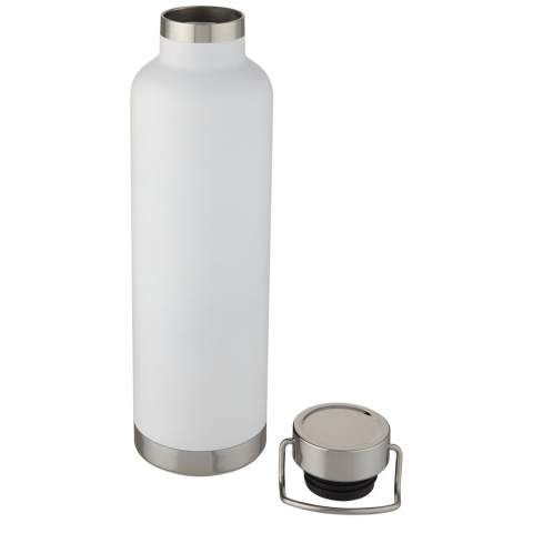 Large double-walled water bottle with 18/8 stainless steel vacuum construction and copper insulation that keeps drinks hot or cold for several hours. The construction also prevents condensation on the outside of the bottle, and the on-trend powder coating makes it extra durable. Stainless steel screw-on leakproof lid with durable stainless steel hand loop. Wide opening for easy filling, pouring and cleaning. BPA-free, tested and approved under German Food Safe Legislation (LFGB). Tested and approved for phthalates content according to REACH regulations. Perfect for ice cubes. Volume capacity is 1 L. Hand wash recommended. Presented in a recycled cardboard gift box.