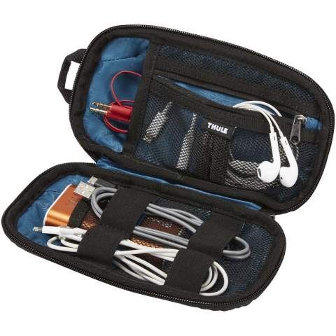 Accessories bag with organizational pockets and loops ideal for cables, earbuds, adapters, or other small items. Easily fits into a handbag or backpack or to keep small belongings organized in the airline seat pocket.