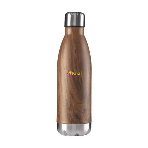 Double-walled, vacuum-insulated, stainless steel water bottle. With leakproof screw top. This elegant model has a striking, attractive top layer with a wood grain pattern. Suitable for maintaining the temperature of cold or hot water. Capacity 500 ml. Each item is individually boxed.