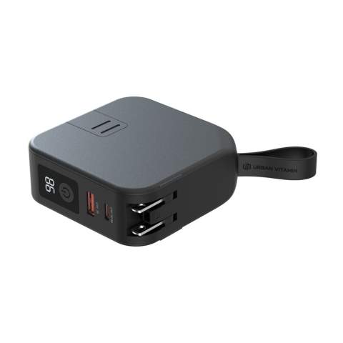 Saratoga 5 in 1 universal charger is the ultimate portable charger, equipped with interchangeable adaptors for seamless travel. Boasting a robust 10,000mAh battery, it provides extended usage time for your devices. With super-fast 15W integrated magnetic charger for the most recent IOS phones and newest generation Android phones. Moreover, it incorporates a built-in cable tailored for IOS devices and a USB-C cable to facilitate the charging of Android devices and new generation IOS devices. With its rapid PD 20W USB-C capability, you can recharge your PD-enabled device up to 50% in under 30 minutes. Includes AU, EU, UK, US & Asia adaptors. The charger can charge up to five items at the same time and the powerbank itself is charged while you charge your mobile devices when inserted into a power socket. So always wake up in the morning with a fully charged phone and a fully charged powerbank. Urban Vitamin items are made without PVC and packed in plastic reduced packaging.<br /><br />WirelessCharging: true<br />PowerbankCapacity: 10000<br />PVC free: true