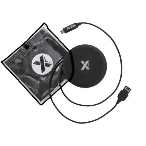 3-in-1 recycled PET light-up logo charging and data transfer cable with reel fitted with three connectors (Type C, Android, iPhone). Compatible with Apple CarPlay and Android Auto. Comes with a silicone storage pouch making it the perfect on-the-go accessory. Packaging is made of recycled paper and recycled plastic.