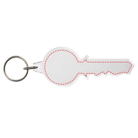 Transparenter Schlüsselanhänger in Schlüssel-Form mit metallenem Schlüsselring. Der Metallring bietet ein flaches Profil, das sich ideal für Mailings eignet. Abmessungen der Druckeinlage: 7,9 cm x 3,2 cm.