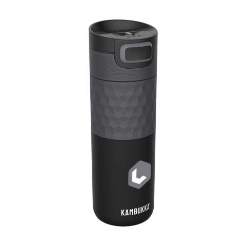 The ideal thermo bottle for when you’re on the go made by Kambukka® • excellent quality • beautiful design • handy size • vacuum insulated 18/8 stainless steel • BPA-free • keeps drinks hot for up to 9 hours and cold for up to 18 hours • 3-in-1 lid with 2 drinking positions: just press to take a quick sip, or open it completely to drink just as comfortably as from a mug, without spilling • easy to clean thanks to Snapclean®: just pinch and pull to remove the inner, dishwasher-safe mechanism • universal lid: also fits on other Kambukka® drinking bottles • the lid is heat-resistant and dishwasher-safe • rubberized grip • non-slip base • 100% leakproof • capacity 500 ml. • The black thermos cup cannot be provided with a laser engraving.  STOCK AVAILABILITY: Up to 1000 pcs accessible within 10 working days plus standard lead-time. Subject to availability.