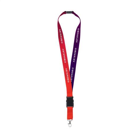 Lanyard of strong woven RPET polyester (made from recycled PET bottles). With metal carabiner and plastic safety lock. The lower part can be disconnected by means of a plastic buckle. A durable and environmentally friendly product. Including full-colour sublimation print. Made in Europe.