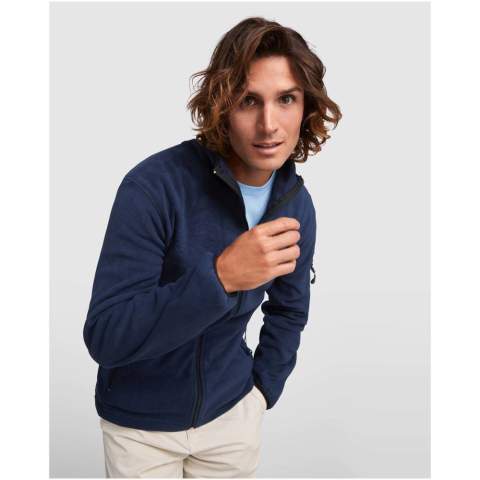 Micro fleece sweat jacket for everyday use with high collar, long sleeves and contrasting rib. Pocket with contrasting zip on left sleeve and front contrasting zip. Seams on sides and chest. Elbow pads in same fabric.