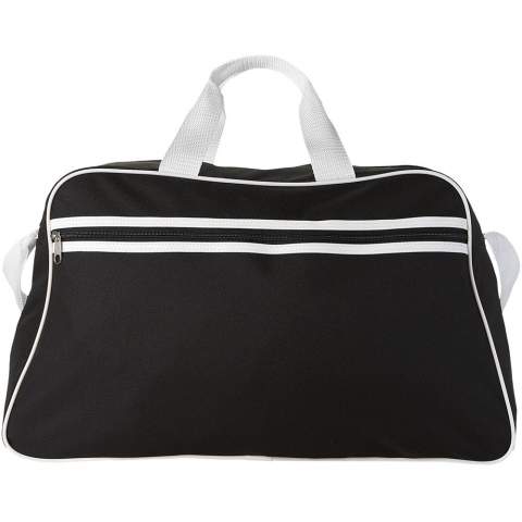 Sport bag with zippered main compartment and front pocket with zipper closure.