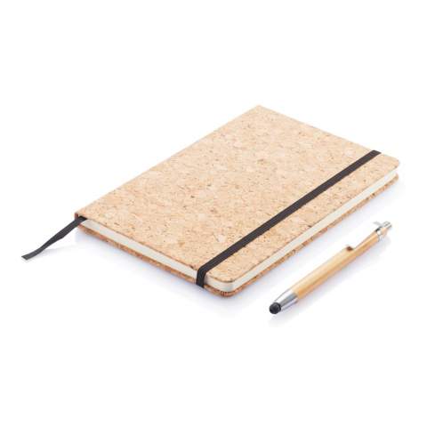 ECO notebook made out of natural cork with 160 pages of 80g/m2 paper. With black page divider and black elastic band. Including bamboo pen with stylus tip and ballpoint.<br /><br />NotebookFormat: A5<br />NumberOfPages: 160<br />PaperRulingLayout: Lined pages