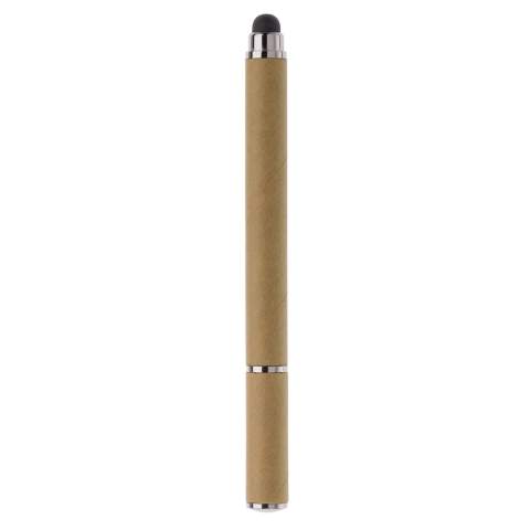 Stylo stylet fabriqué en carton recyclé, avec capuchon et cartouche d'encre bleue.