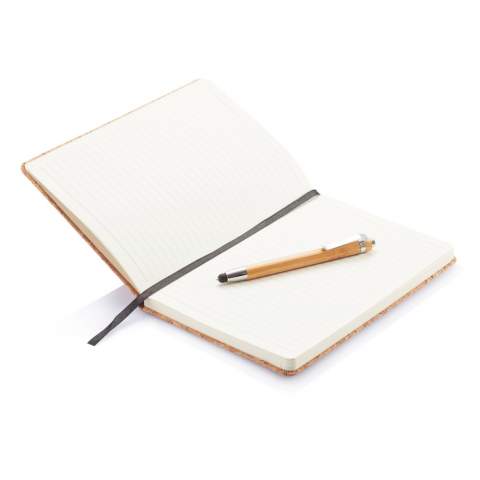 ECO notebook made out of natural cork with 160 pages of 80g/m2 paper. With black page divider and black elastic band. Including bamboo pen with stylus tip and ballpoint.<br /><br />NotebookFormat: A5<br />NumberOfPages: 160<br />PaperRulingLayout: Lined pages