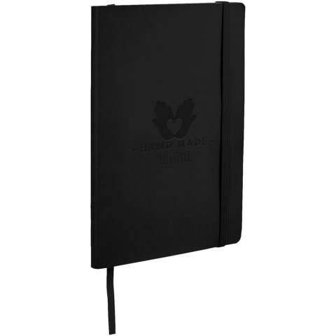 Soft touch cover notebook (A5 size reference) with built-in elastic closure, ribbon page marker, document pocket on interior back cover and 80 sheets (80gsm) of lined paper.