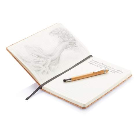 Eco notitieboek gemaakt van kurk met 160 pagina’s van 80g. Inclusief bamboe touchscreen balpen.<br /><br />NotebookFormat: A5<br />NumberOfPages: 160<br />PaperRulingLayout: Gelinieerde pagina's