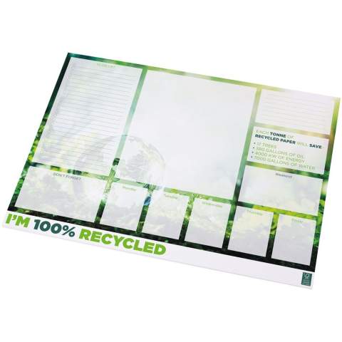 Bloc-notes Desk-Mate® A2 blanc avec des feuilles en papier recyclé 80 g/m². Marquage possible sur chaque feuille.  Trois tailles disponibles Trois tailles disponibles (25/50/100 feuilles). 