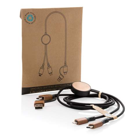 120 cm long luxury multi cable made with certified recycled materials. Comes with 4 different connectors: USB C in, USB A in, type C out, IOS out and micro USB out. This also allows you to use the cable with type C output devices that are included in the newer generation of phones and macbook computers. The cable also has a USB A output input option so it can charge any device from any output source. Casing and connectors made from FSC® Cherry wood and RCS certified recycled polyester cables (outer material) and RCS certified recycled TPE (inner material). Total recycled content: 46% based on total item weight. Max cable length: 120 cm. Packed in FSC®mixed kraft sleeve packaging. PVC free. Suitable for charge and sync. Max supported current 5V/2A.<br /><br />PVC free: true