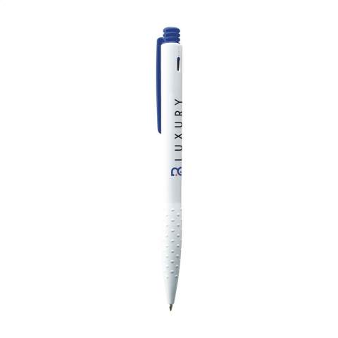 Blue or black ink ballpoint pen with textured grip, coloured clip and push button.