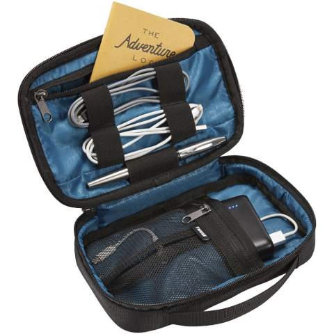 Accessories bag to store power banks, earbuds, charging cables, or other electronic accessories. Comes with 5 elastic loops and two zippered pockets. The slip pocket and cord pass-through allows for storage of a power bank inside the case while your device is being charged.
