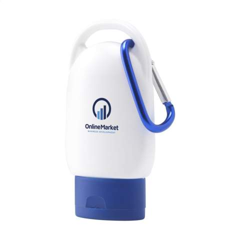 Protective sunscreen lotion (factor 30) in a handy plastic bottle with a coloured cap and matching metal carabiner. Attaches to your bag, backpack or belt loop with one click. Best before: 12 months after opening.  Contents 30 ml. Ingredients: water, glycerin, ethylhexyl methoxycinnamate, octocrylene, Ethylhexyl Salicylate, Isopropyl myristate, cetearyl alcohol, butyl methoxydibenzoylmethane, ceteth-25, glyceryl stearate, titanium dioxide, dibutyl adipate, phenoxyethanol, parfum, methylparaben, propylparaben,  BHT, disodium EDTA, vanillin, coumarin.