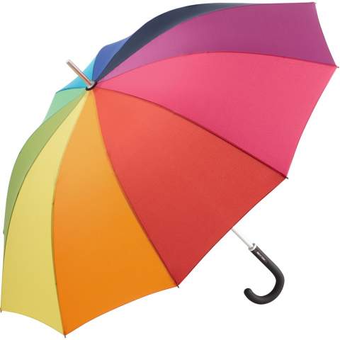 Shapely umbrella in medium size with a colourful design Easy to handle thanks to sliding safety runner, high-quality windproof system for maximum frame flexibility in stormy conditions, flexible fibreglass ribs, lightweight aluminium shaft, special umbrella shape due to the 10 panels, black Soft-Touch crook handle with promotional labelling option