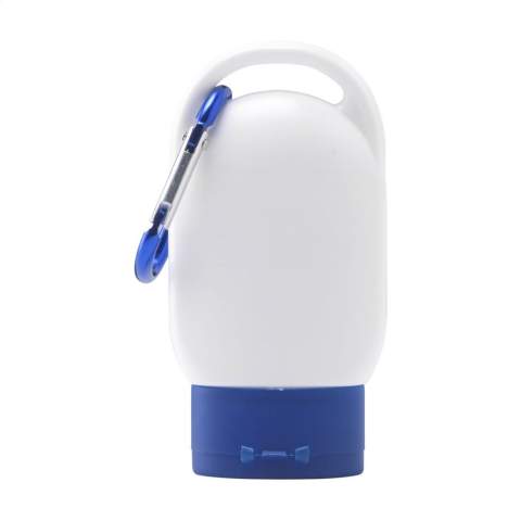 Protective sunscreen lotion (factor 30) in a handy plastic bottle with a coloured cap and matching metal carabiner. Attaches to your bag, backpack or belt loop with one click. Best before: 12 months after opening.  Contents 30 ml. Ingredients: water, glycerin, ethylhexyl methoxycinnamate, octocrylene, Ethylhexyl Salicylate, Isopropyl myristate, cetearyl alcohol, butyl methoxydibenzoylmethane, ceteth-25, glyceryl stearate, titanium dioxide, dibutyl adipate, phenoxyethanol, parfum, methylparaben, propylparaben,  BHT, disodium EDTA, vanillin, coumarin.